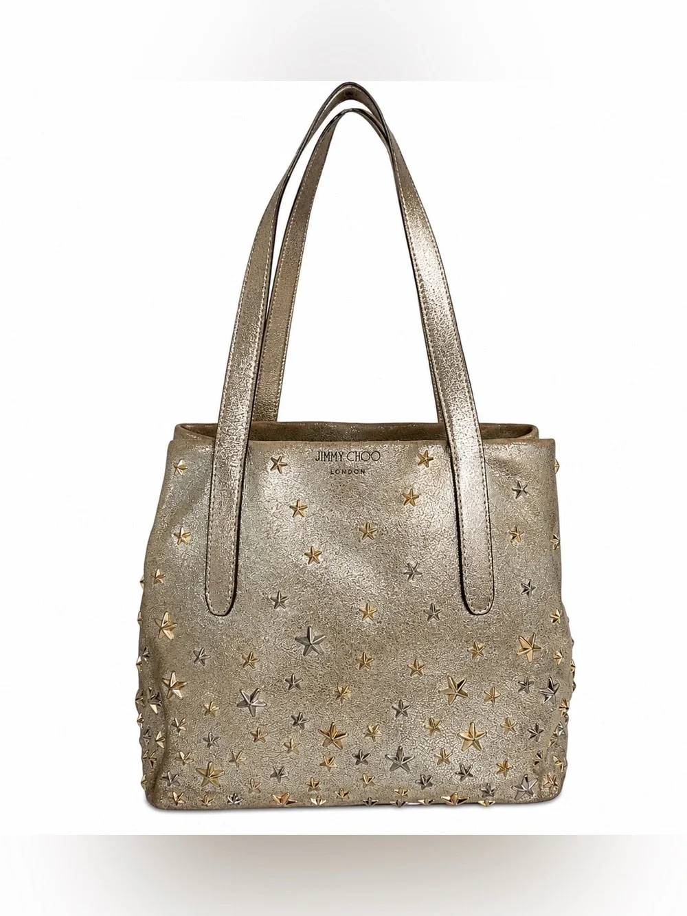 JIMMY CHOOSE Star Studded Gold Silver Metallic Emblem Tote Shoulder Bag